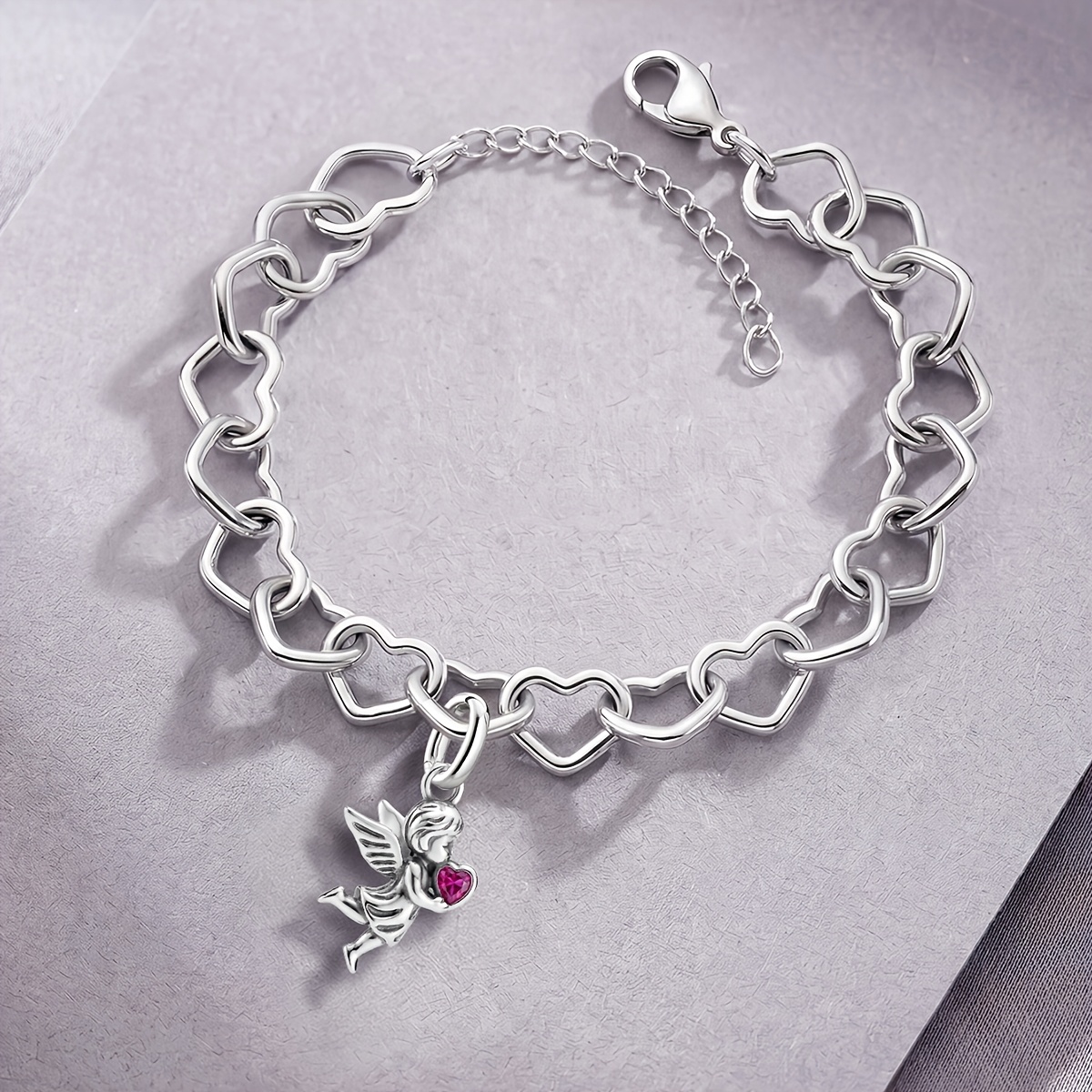 Heart-Holding Angel Vintage Pendant Bracelet, 925 Silver Plated